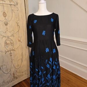 Elegant Black Dress with Blue Floral Design